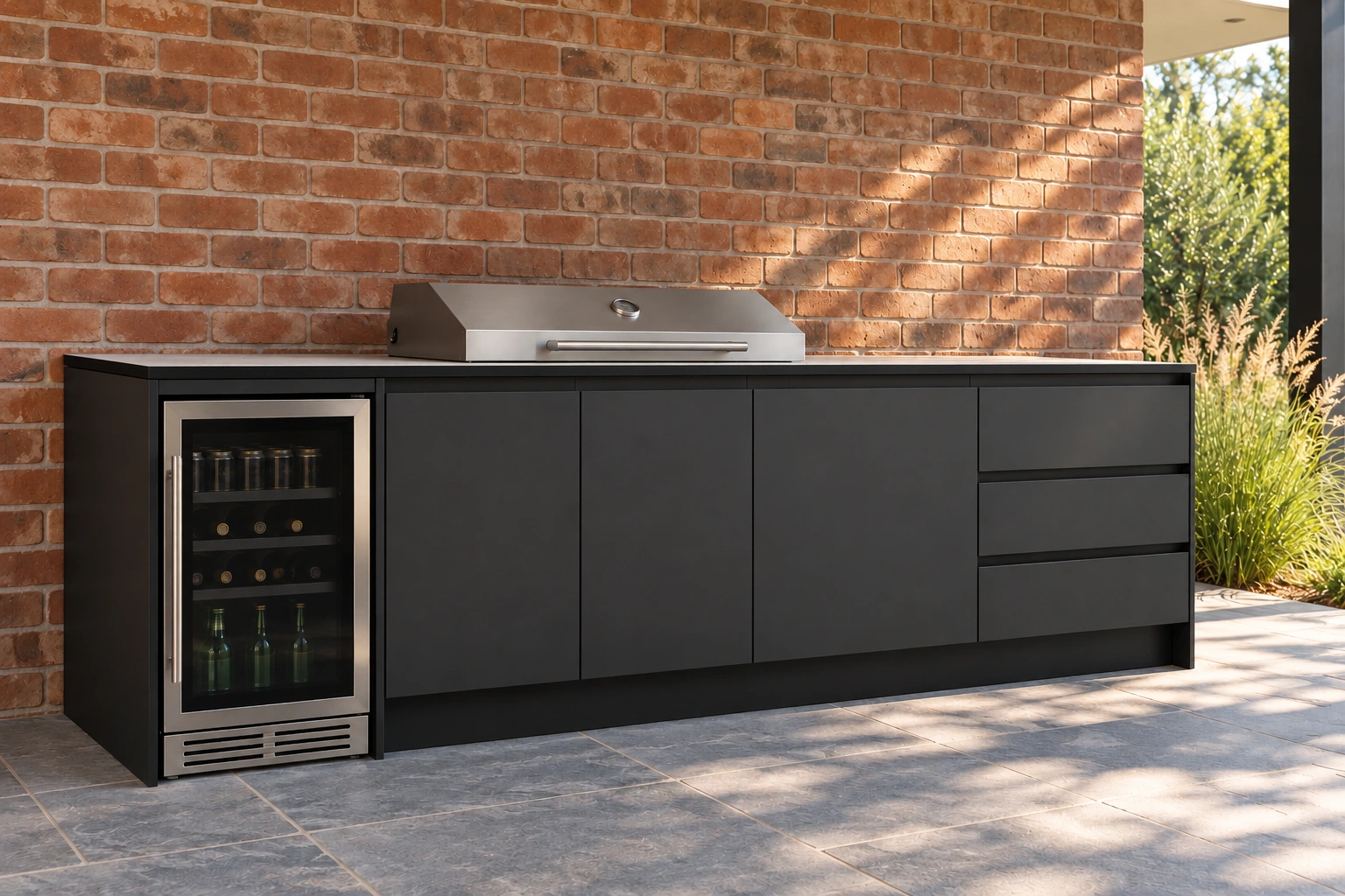 Somerton outdoor kitchen in Black Suede with a Light Concrete benchtop, left-hand beverage fridge, roasting hood and right-hand drawers.
