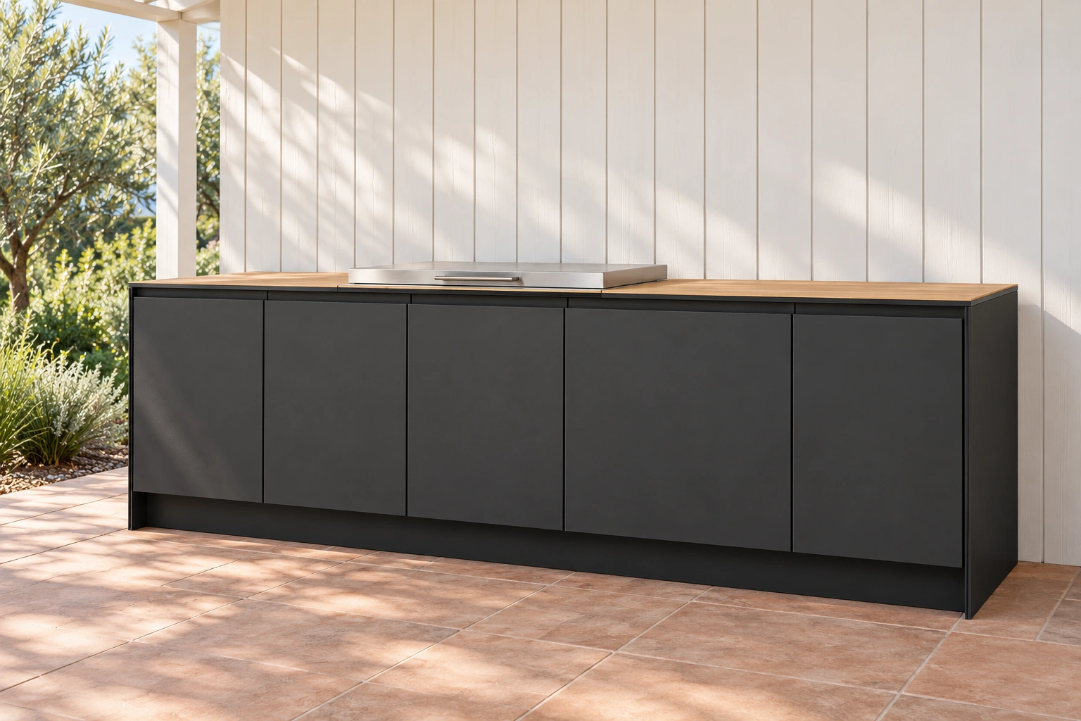 Grange outdoor kitchen in Charcoal Suede with a Prime Oak Woodmatt benchtop, five doors and a flat BBQ cover.