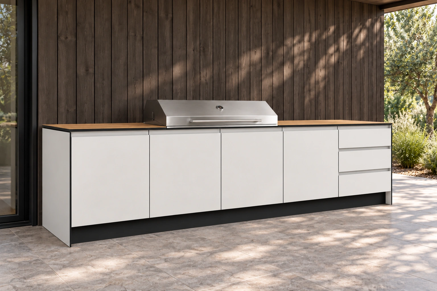 Unley outdoor kitchen in White Suede with a Prime Oak Woodmatt benchtop, four doors, roasting hood and right-hand drawers.