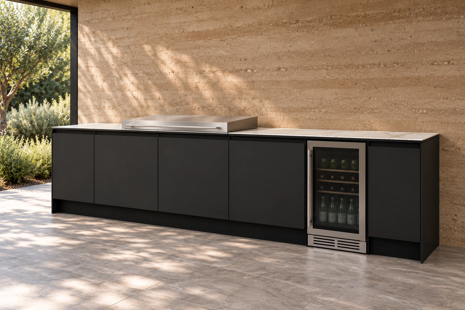 Stirling outdoor kitchen in Black Suede with a Calacutta Marble benchtop, flat BBQ cover and inset beverage fridge with a cabinet to its right.