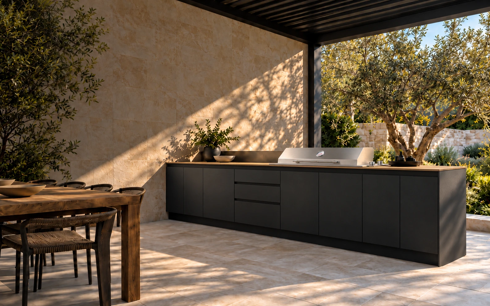 Black Cfresco outdoor kitchen with an oak-look benchtop and hooded Heatlie barbecue in a stone alfresco.