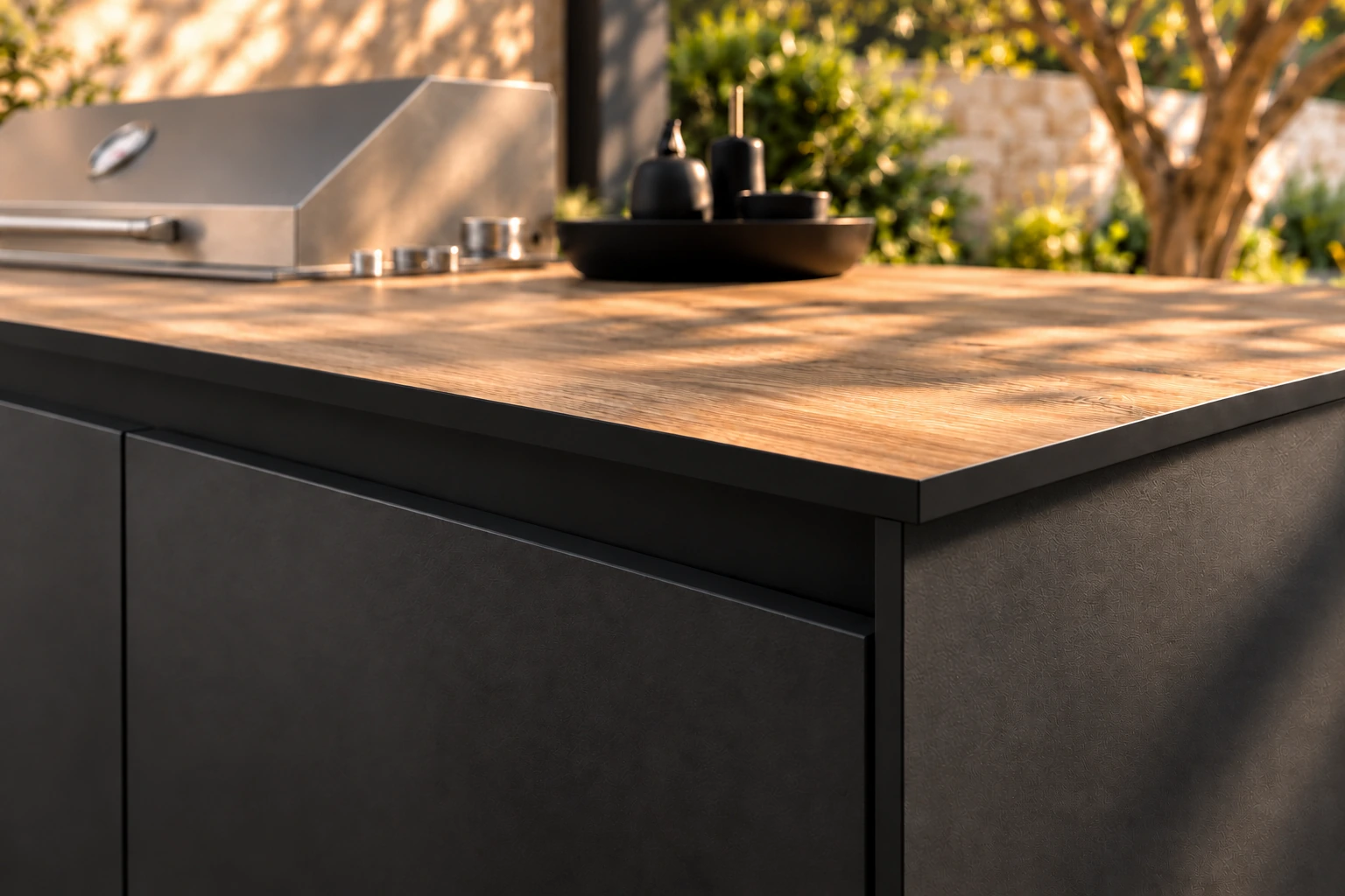 Thin oak-look compact-laminate benchtop corner with an exposed black core and a small side overhang.